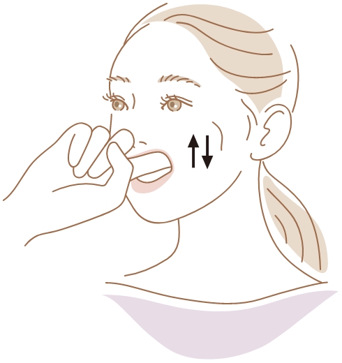 左右ともに3秒。顎関節の手前を、人指し指で上下に。