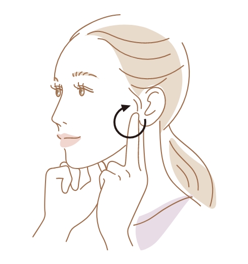 左右ぞれぞれ1秒×3回。耳の前を指で押しましょう。